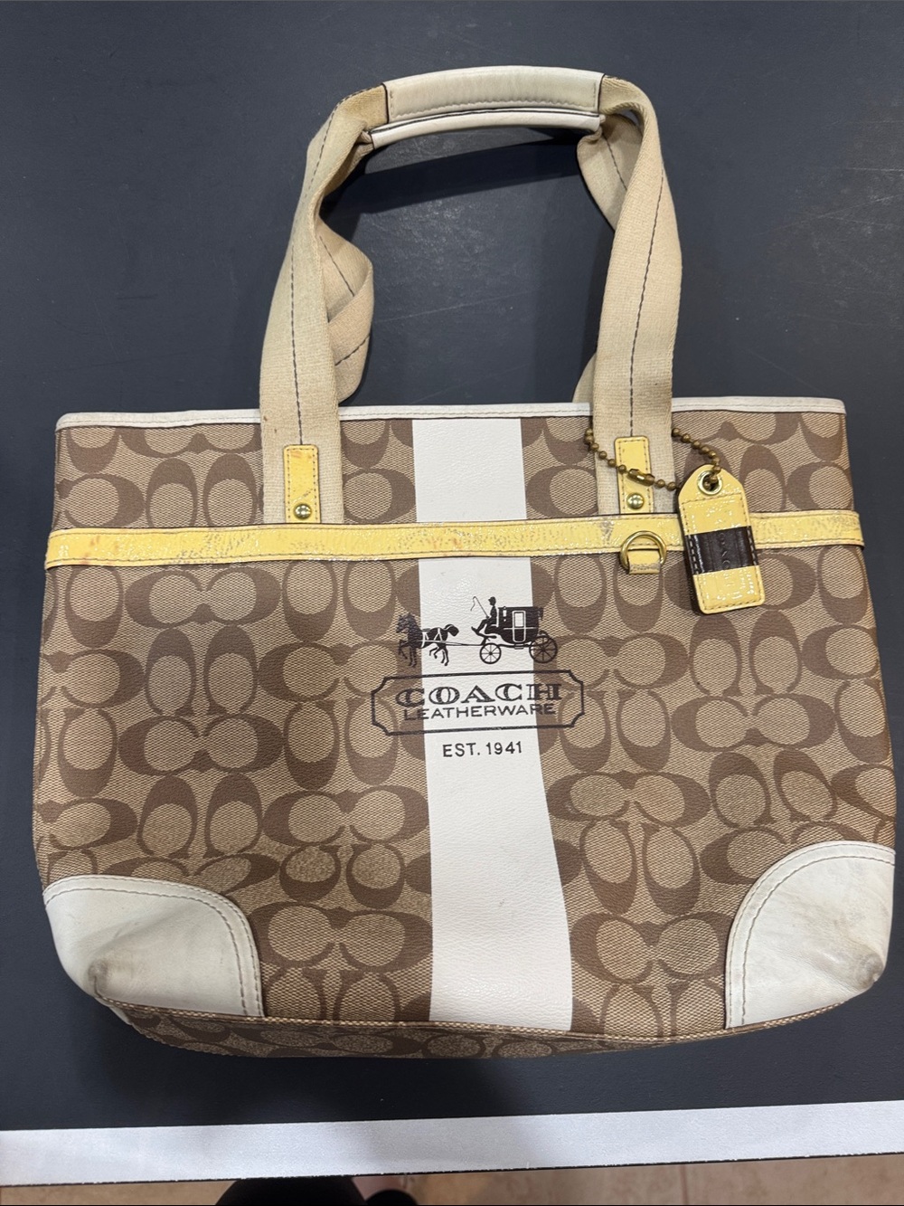 Coach Brown Signature Canvas Tote with White Stripe and Yellow Trim